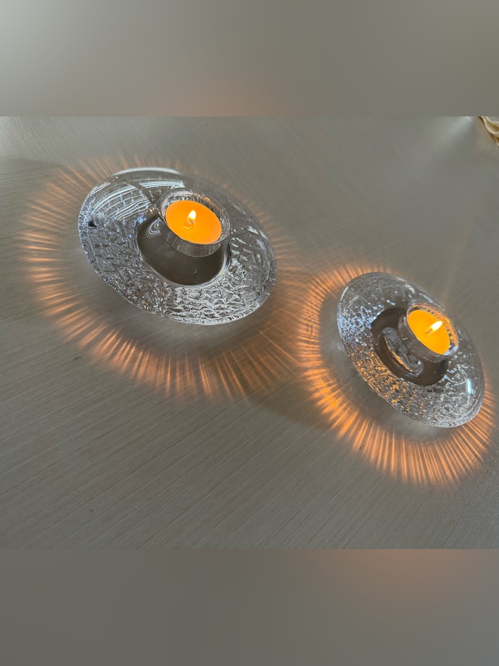 Orrefors Sweden Crystal Tealight Candle Holders Pair Textured crystal